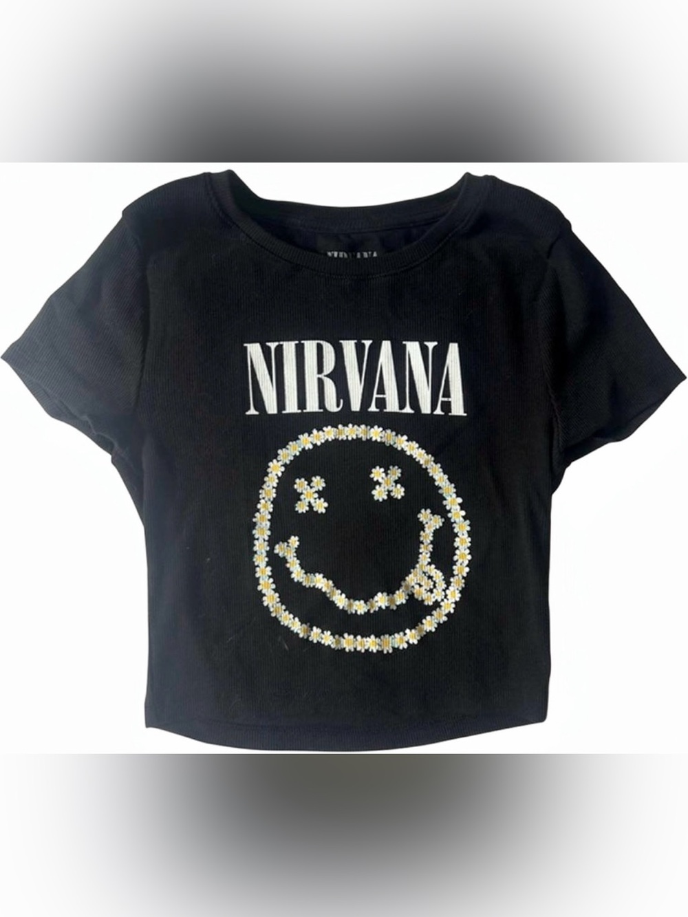 NIRVANA- Nirvana Graphic Tee Floral Smiley Crop Top- M